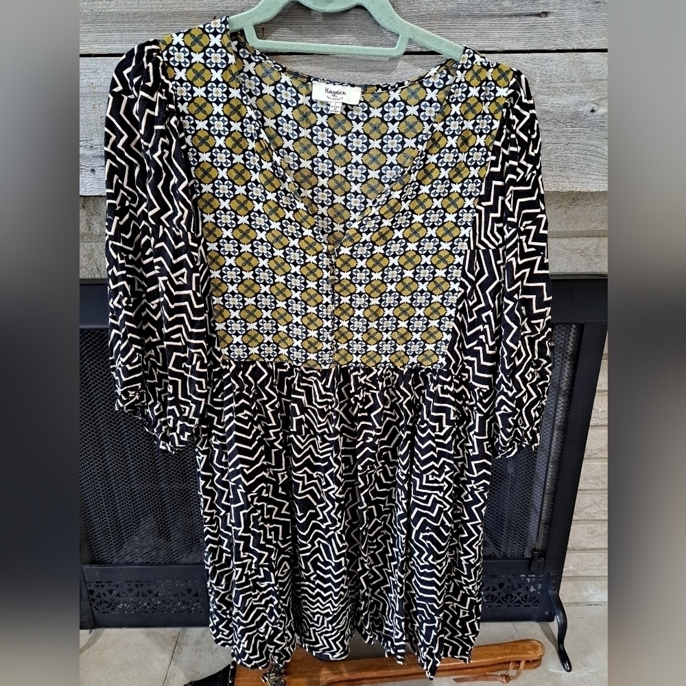 Hayden Women's Large Tribal Festival Tunic Dress Pockets Rayon Multicolor V-neck - Picture 1 of 11